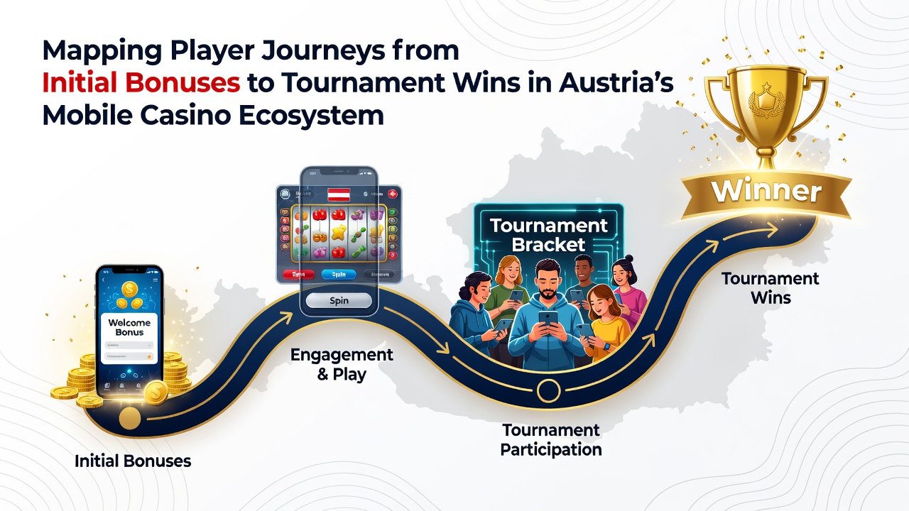 Infographic showing data flows from bonus activation through loyalty tiers to live tournament qualification in Austrian mobile gaming